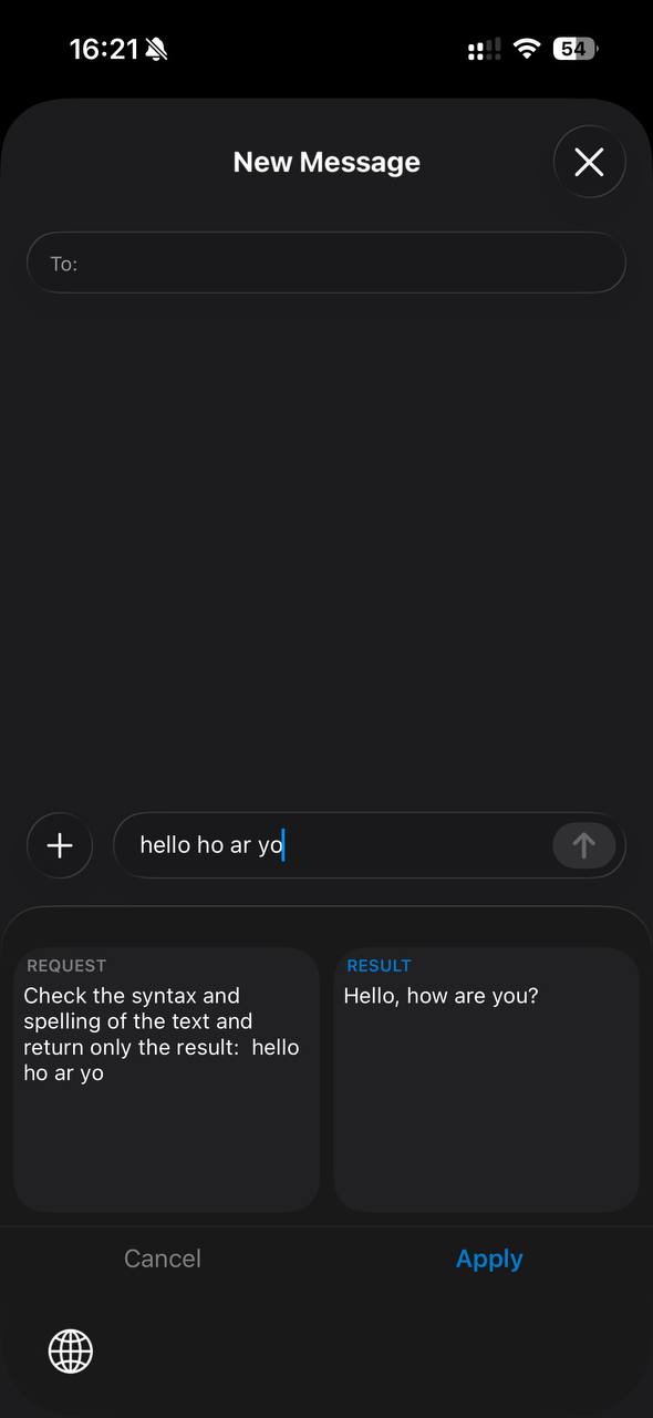 The confirmation panel shows the request and corrected result, with Cancel and Apply buttons.