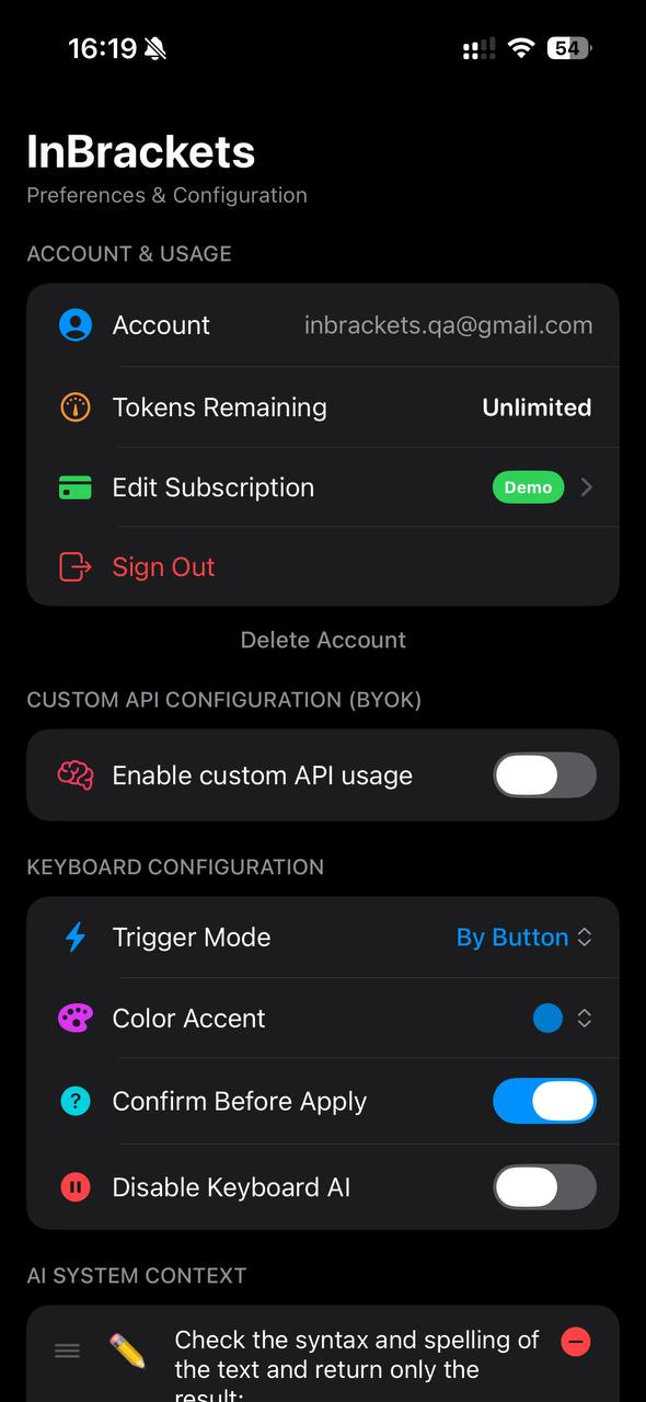 InBrackets settings with button trigger mode, color accent, and confirmation enabled.